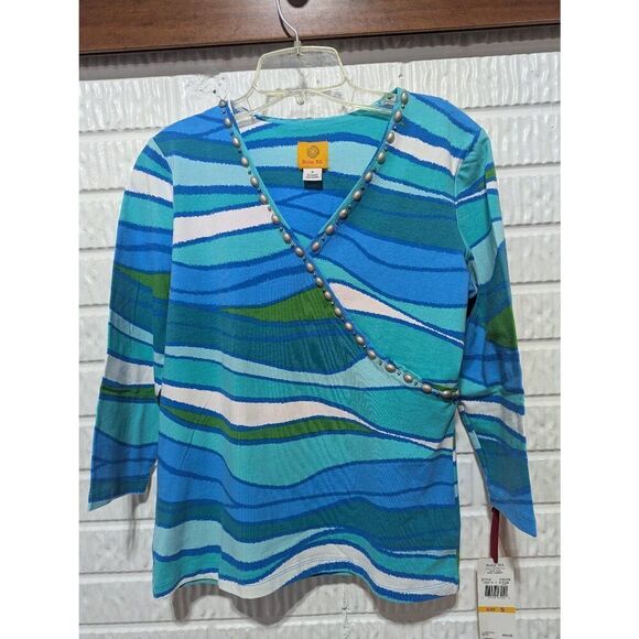 Ruby Rd. Women's Blue & Silver Abstract Pattern Trim 3/4 Sleeve Blouse Size S NW - Picture 1 of 7